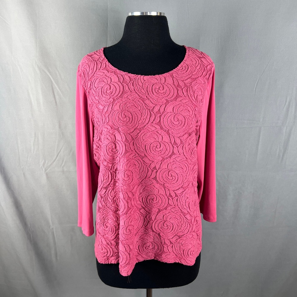 Allison Daley Blouse Top Womens M Pink Floral Lace Cotton Stretch Long Sleeve